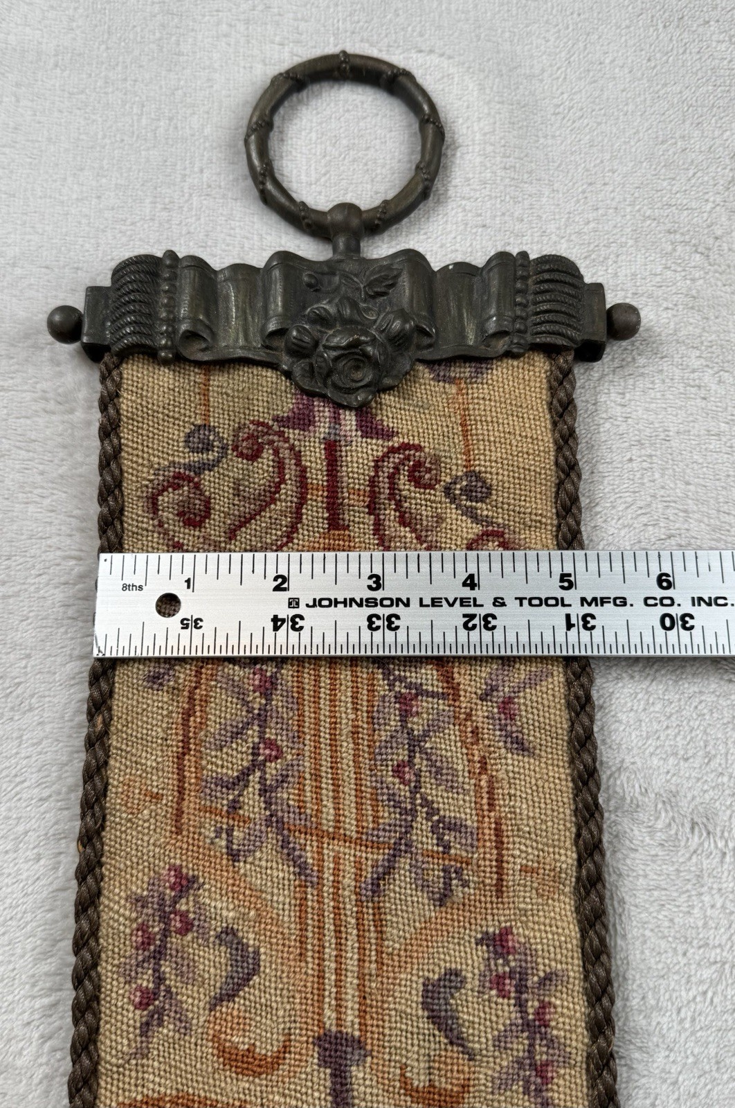 Vtg Wool Needlepoint Bell Pull Floral Motif Wall Hanging Hardware Ends 60×5”