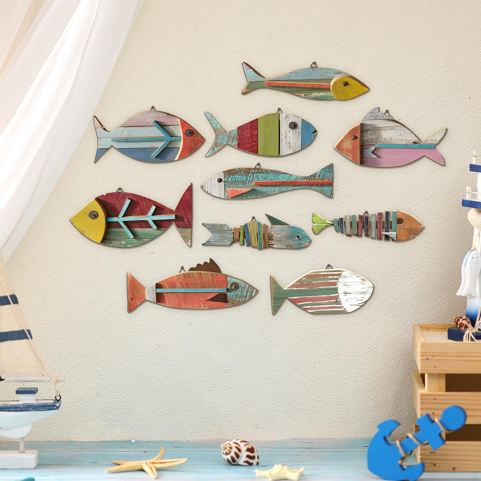 10 Pcs Wooden Fish Wall Decor Wood School of Fish Coastal Wall Decor