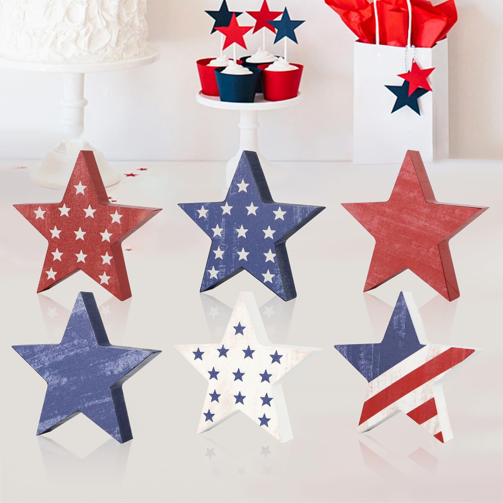 4th of July Wooden Star Decorations Set 6 Patriotic Memorial Day Red White Blue