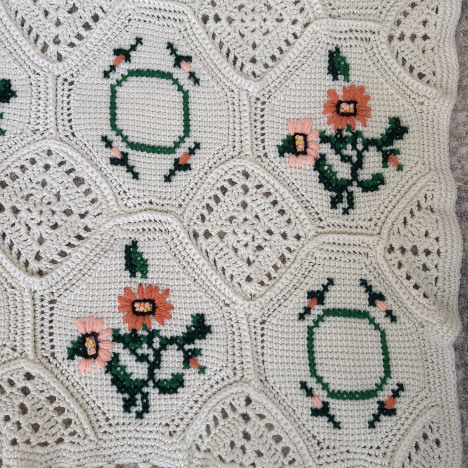 Cream Crocheted Blanket w/ Hexagons Embroidered Peach Floral Designs Fringe Ends
