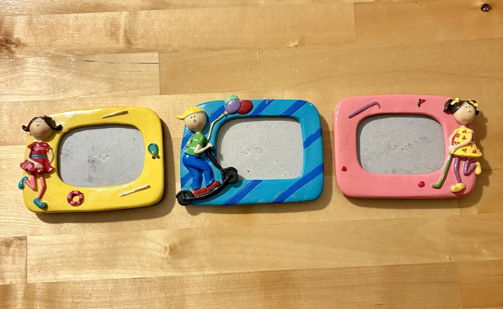 VNT Y2K 3 Whimsical Ceramic Photo Frames 3.5 X 5. Pink, Blue & Yellow. Children.