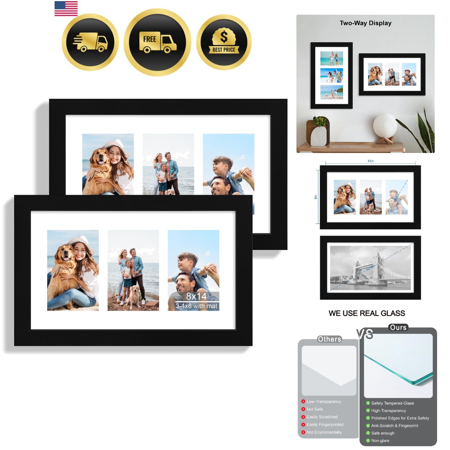Picture Frame Set 2 Black Wood Collage Wall Mount Rustic Display 8×14