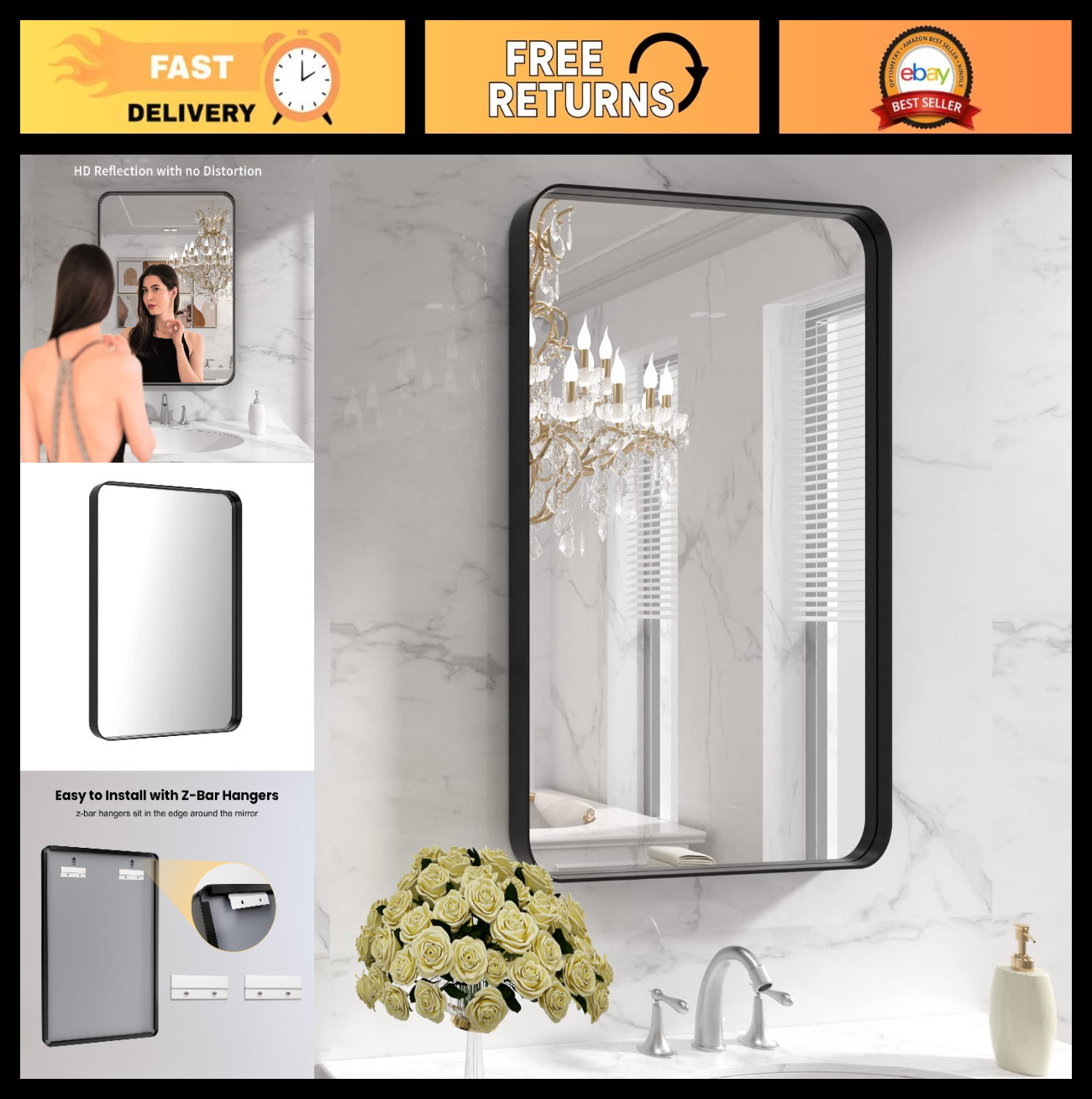 Black Metal Framed Bathroom Mirror 22×30&Prime; Rounded Rectangle, Matte Black, Anti-R