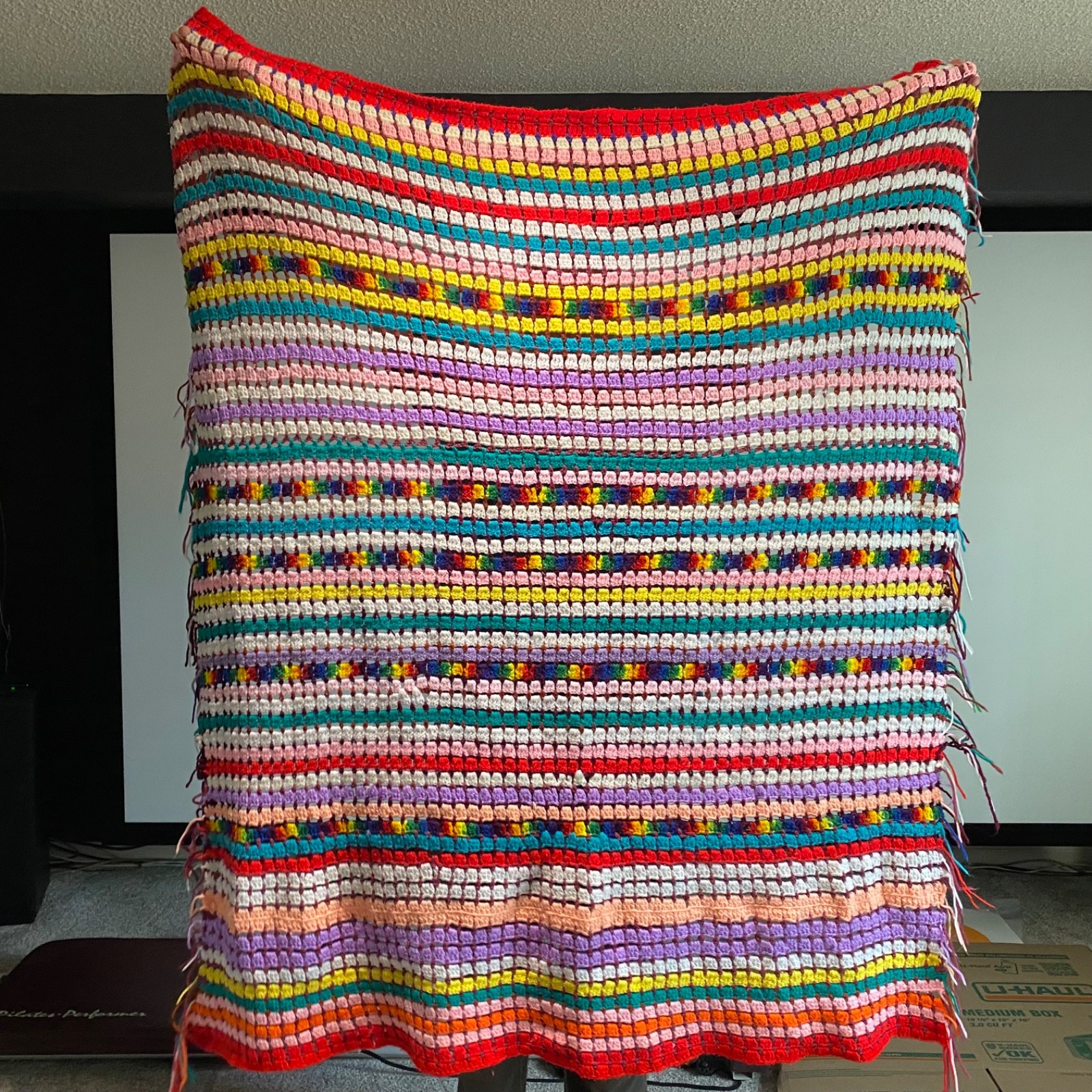 Vintage Handmade 60 X 52 Multi Color Retro Stripe Crochet Afghan Throw Blanket