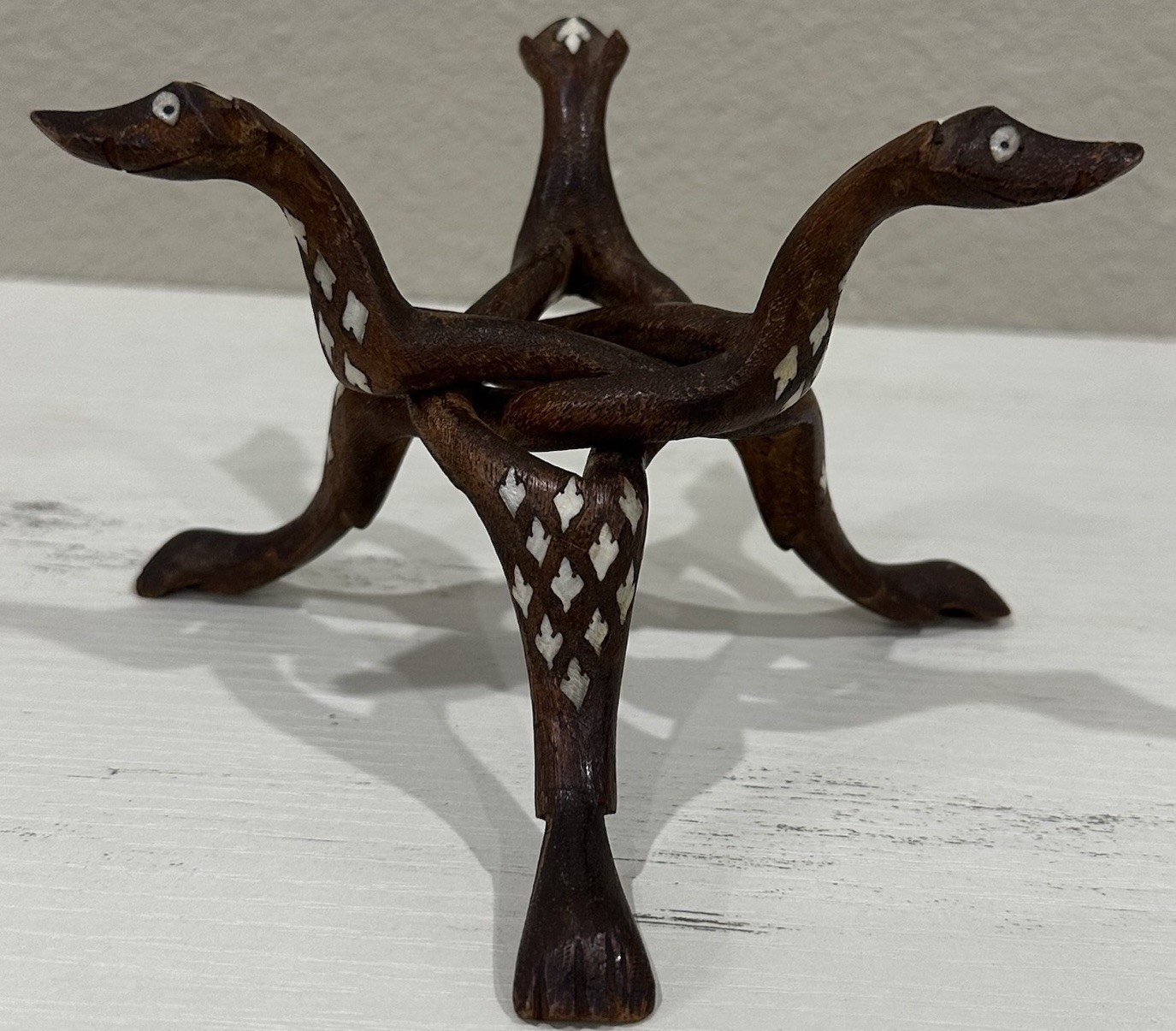 VTG Hand Carved Wood Tripod Holder Stand Mother Of Pearl Inlay See Description