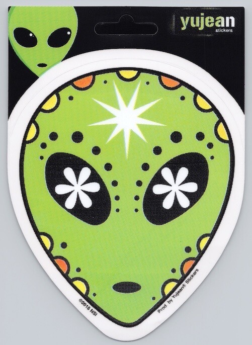 Green Big Eye Alien Sugar Skull Head Die-Cut Decal Sticker New Grey UFO Space