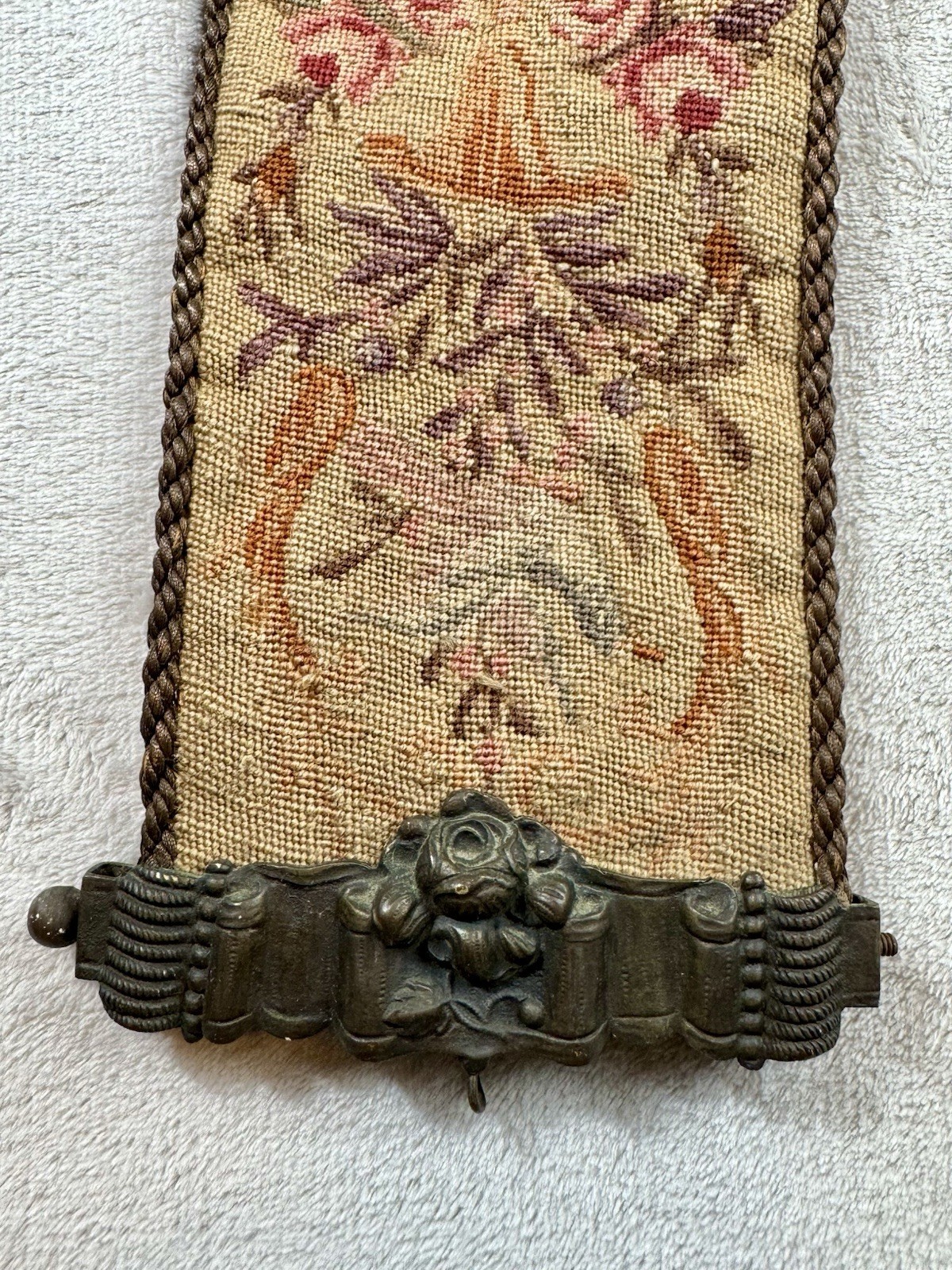 Vtg Wool Needlepoint Bell Pull Floral Motif Wall Hanging Hardware Ends 60×5”