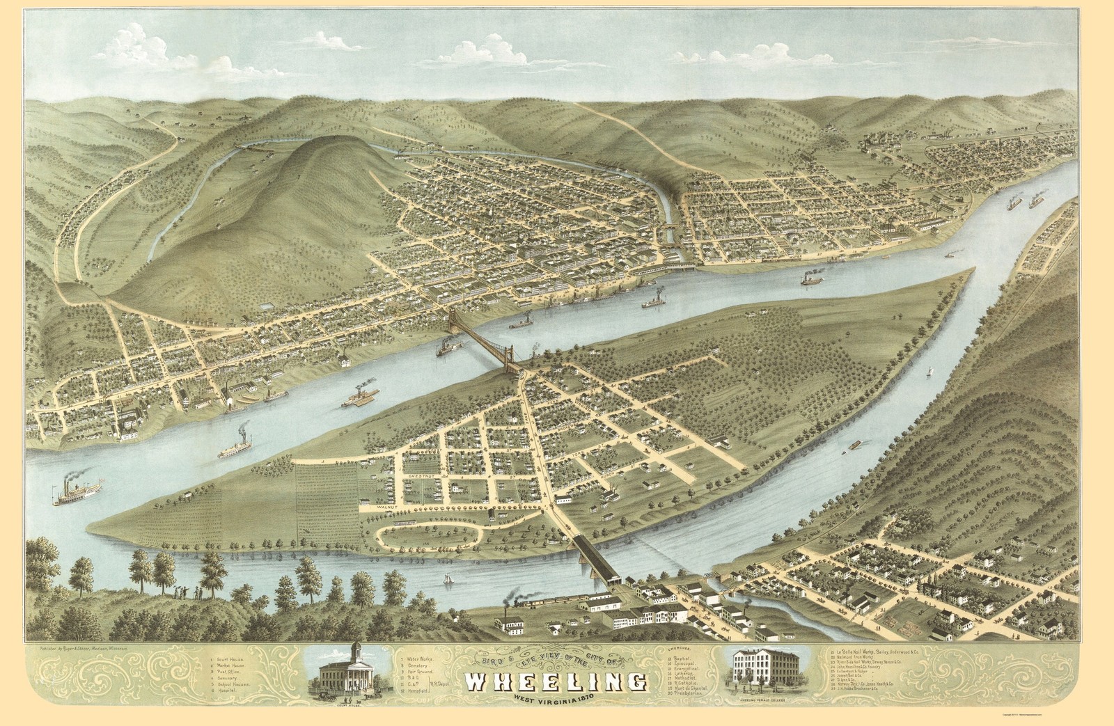 Historic Panoramic View – Wheeling West Virginia – Ruger 1870 – Vintage Wall Art