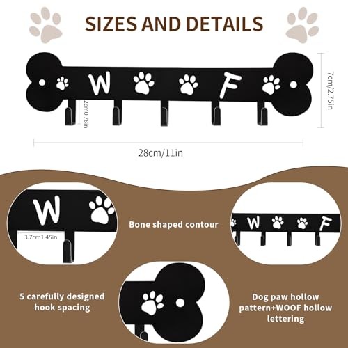 Dog Leash Holder for Wall Key Hooks Decorative, 5 Hooks 11×2.75 inch for Wall