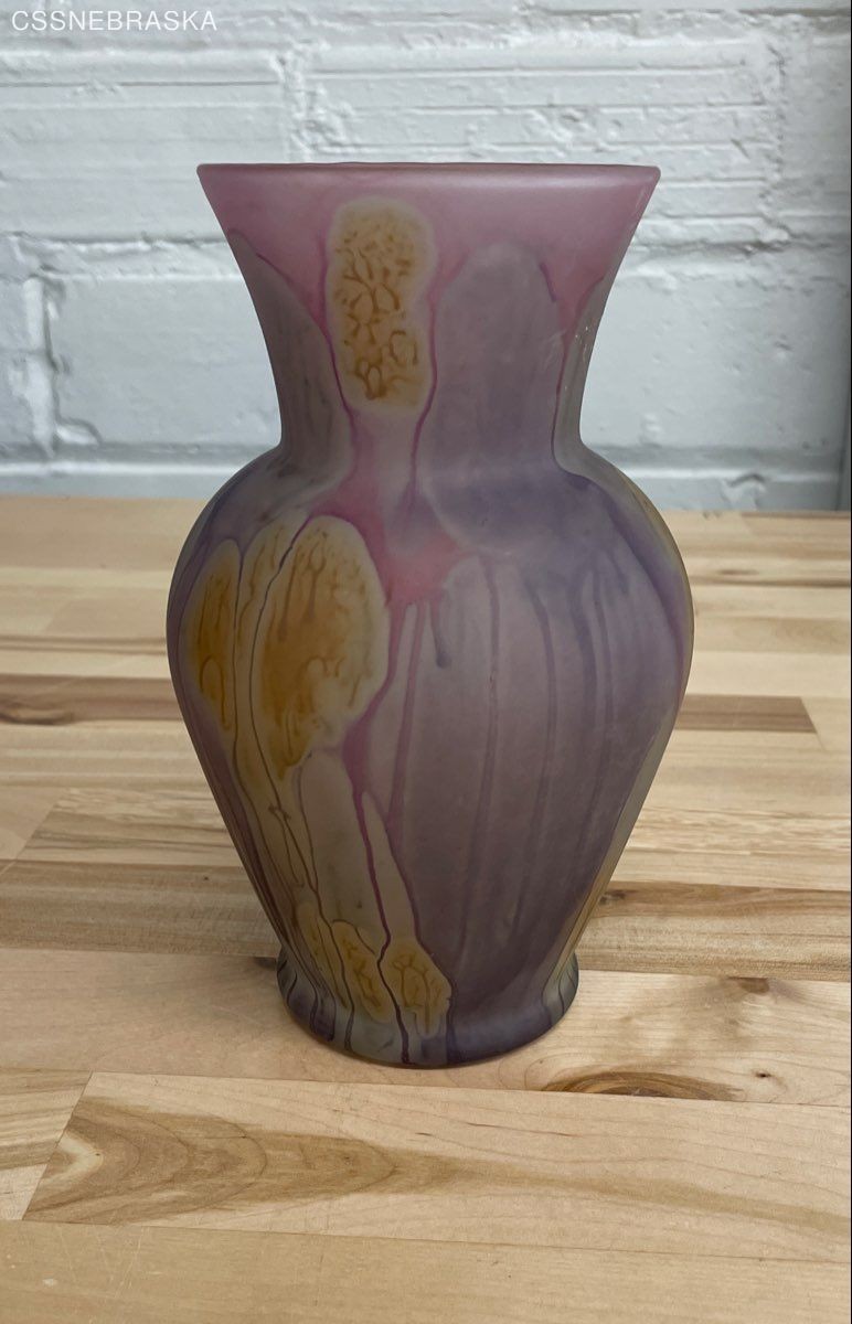 Lueven Nouveau Art Glass Vase Hand Painted Satin Pink Purple Vintage 7.5&Prime;