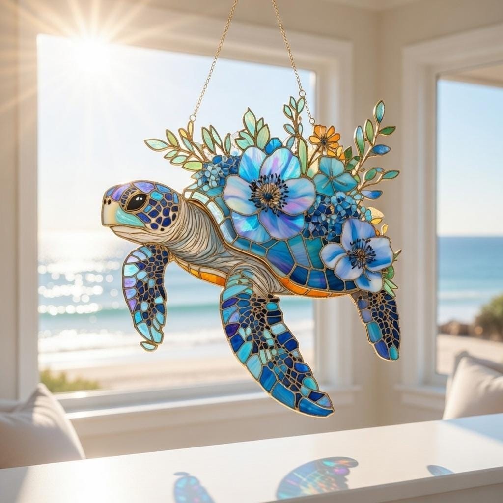 Sea Turtle Floral Suncatcher Window Hanging: Style Acrylic