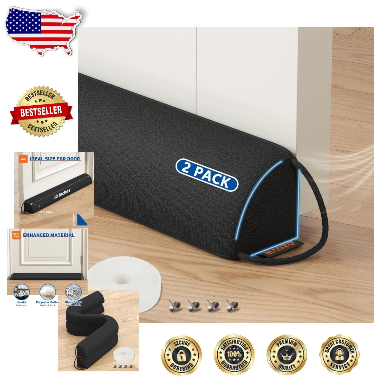 Versatile 30&Prime; Door Draft Blocker 2 Pack Cotton Polyester Easy Install