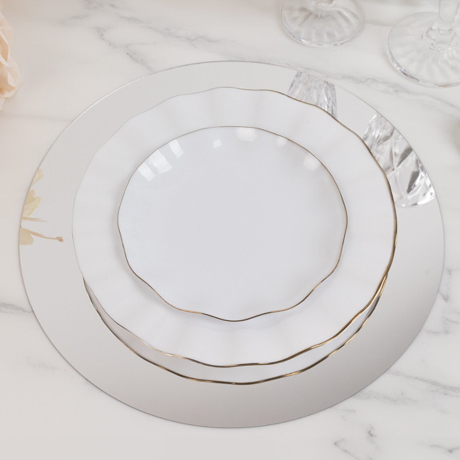 10 SILVER Round 12&Prime; Decorative Mirror Plastic Charger Plates Wedding Events