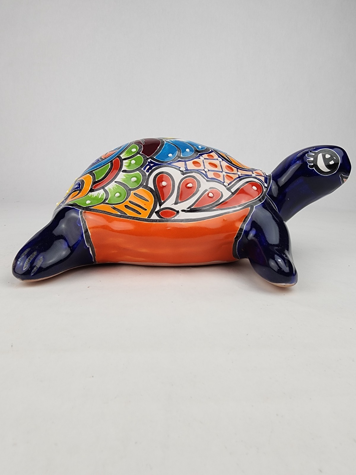 Large Deep Blue Talavera Style Turtle Figurine 11 in Mexican Folk Art Decor