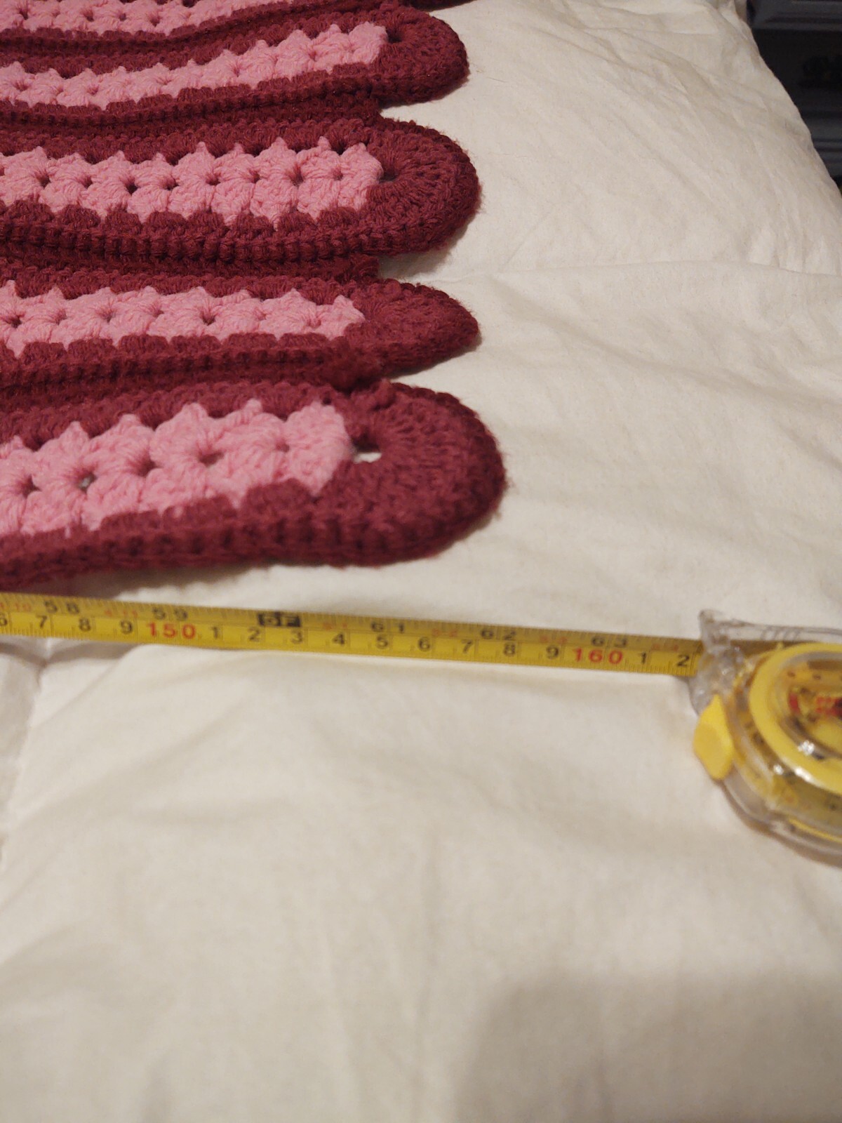 62in Afghan Hand knit blanket pink and maroon Hand made