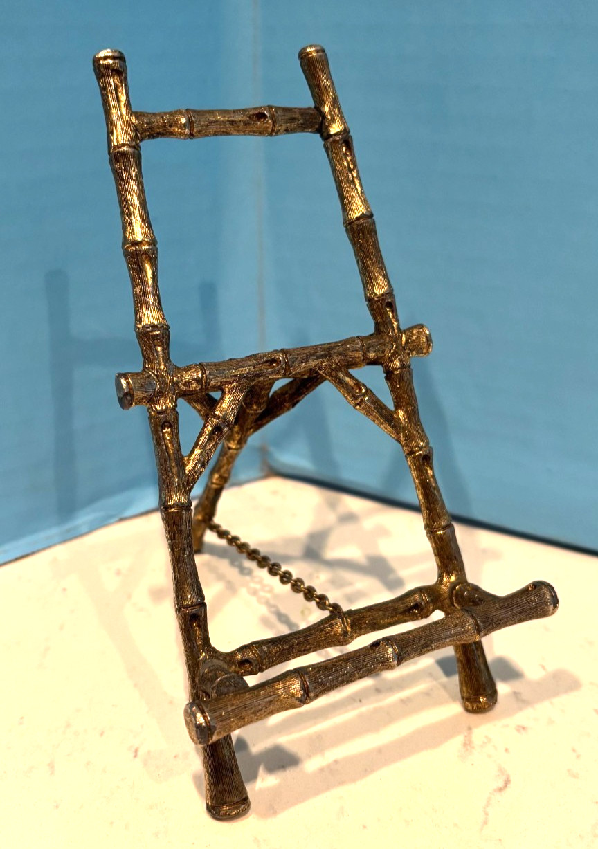 VTG HOLLWOOD REGENCY BAMBOO CAST METAL GOLDTONE EASEL, ART/ MCM 7.5