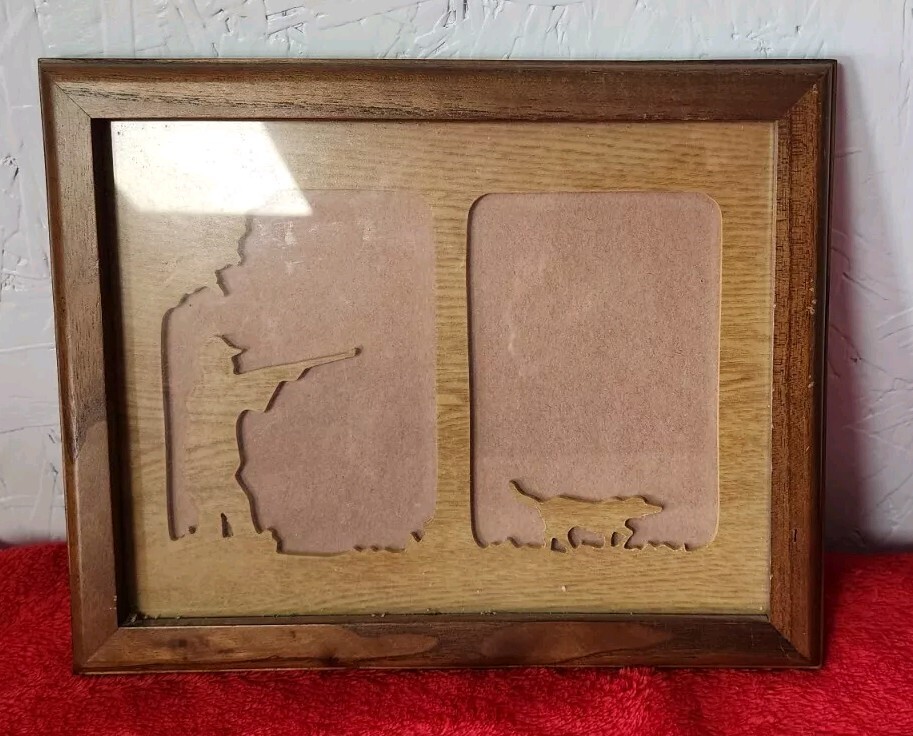 Hunter & Dog Silhouette Paneling in Wooden Picture Frame Behind Glass 10×8