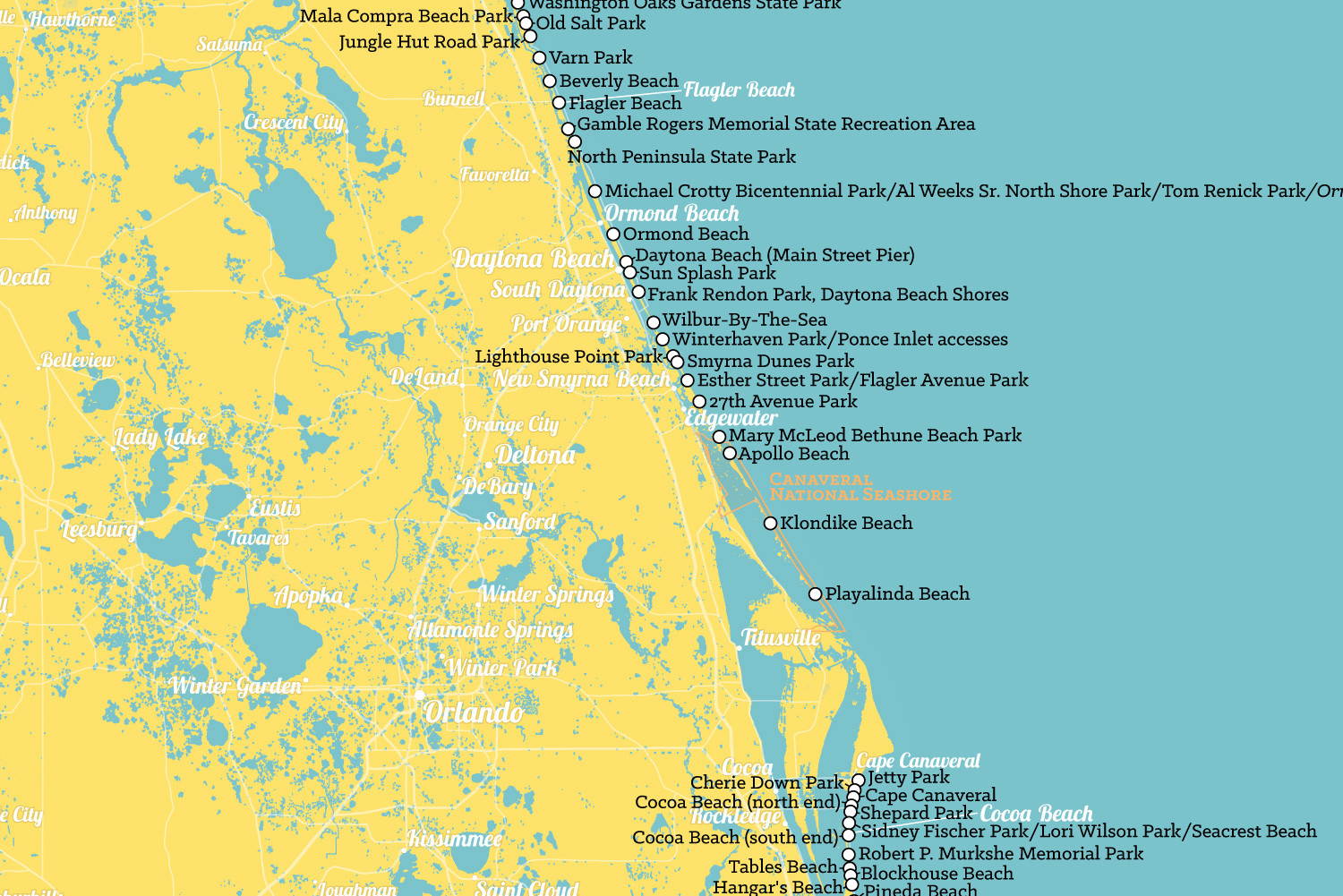 Florida Beaches Map 24×36 Poster (Marigold & Turquoise) #873
