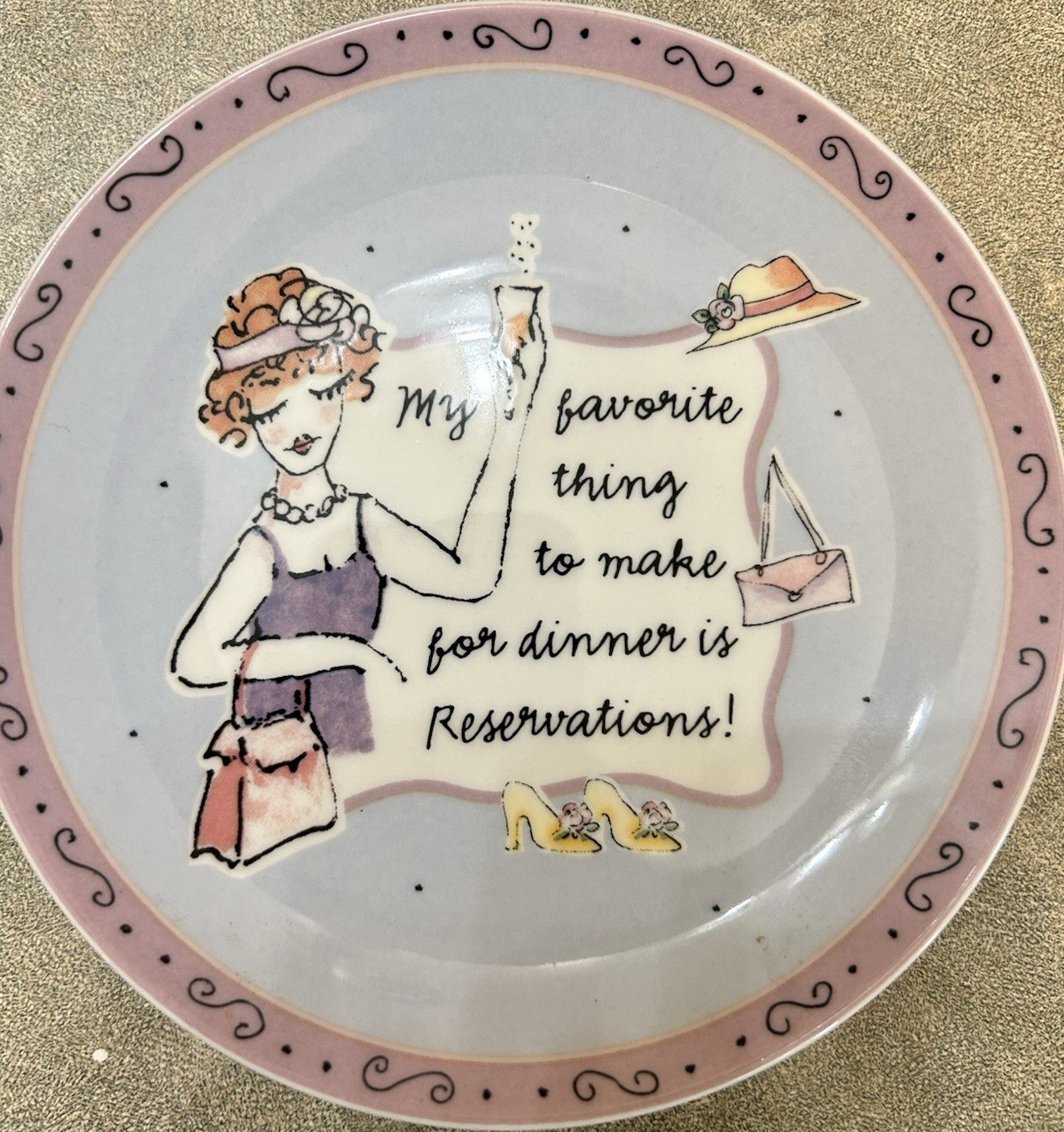 Y2K Round Ceramic Decorative Plate, Fashion Cartoon, Pink Trim Quote