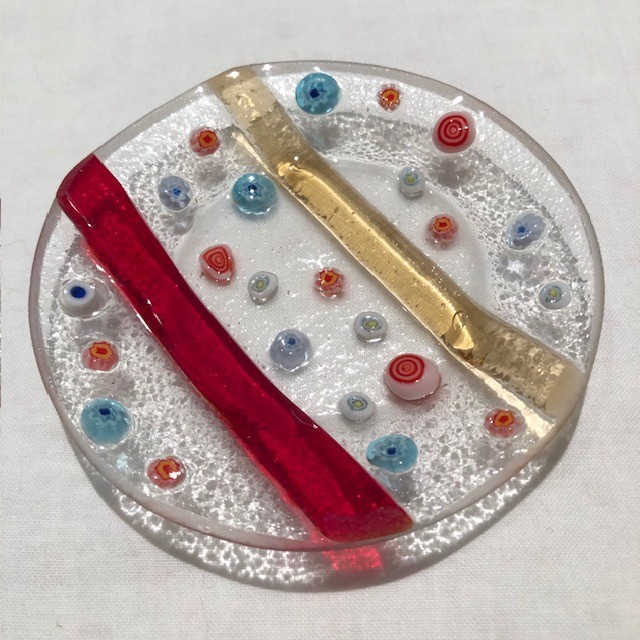 Fused Studio Art Glass Millefiori Trinket Dish Round 3.25&Prime; Clear Stripes