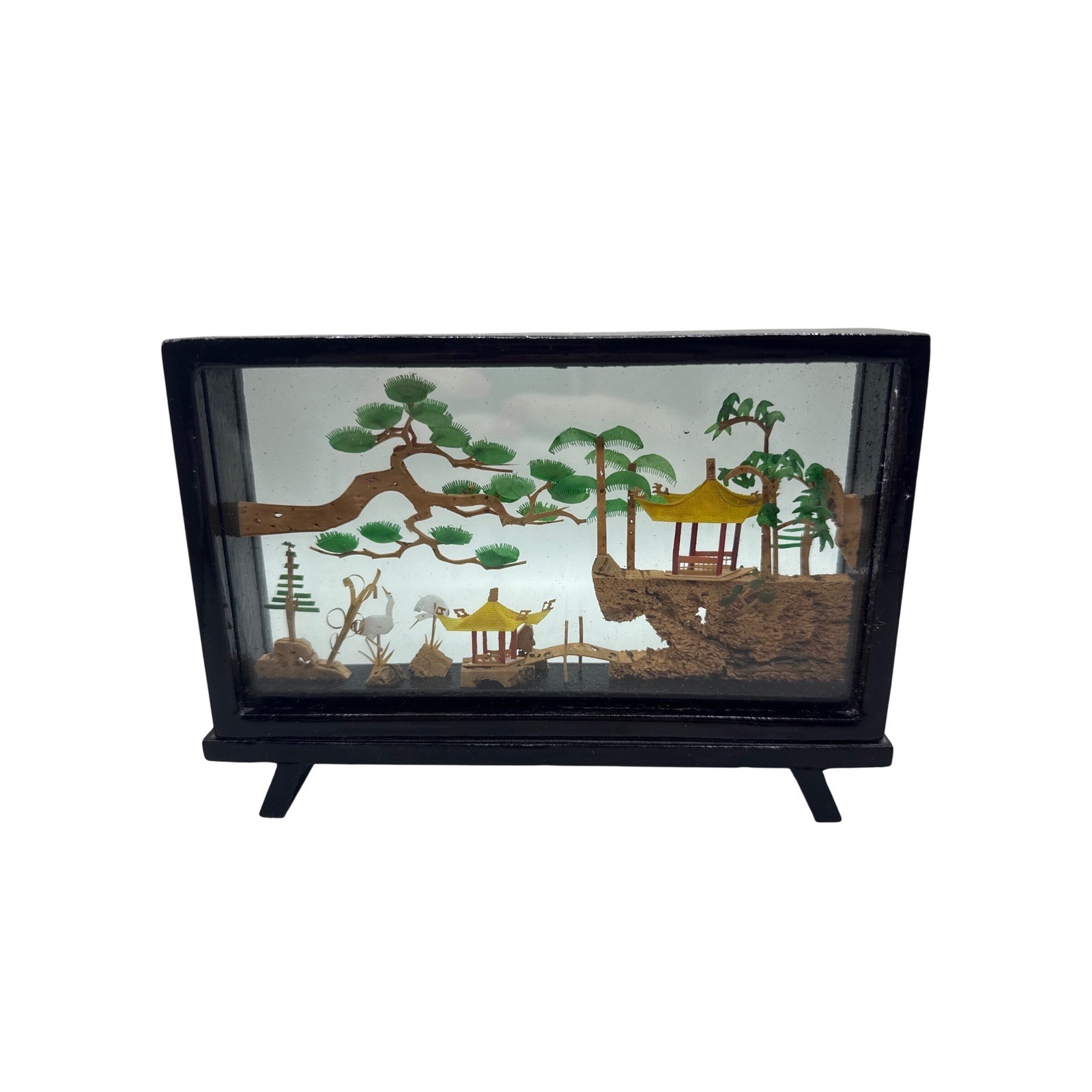 Vintage Chinese Cork Carving Diorama Shadow Box Pagoda Crane Black Lacquer 7.25&Prime;