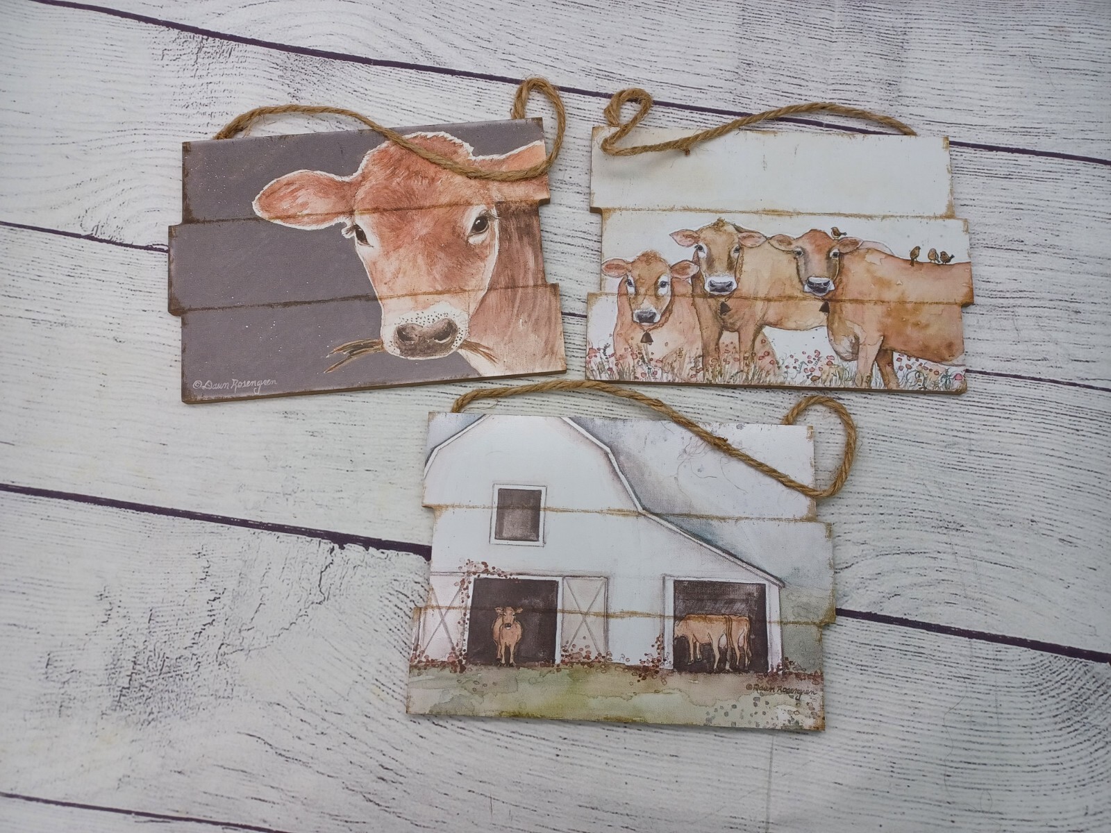 Set of 3 Hanging Cow Plank Signs – Barn, Primitive, Brown Jersey, Country Decor