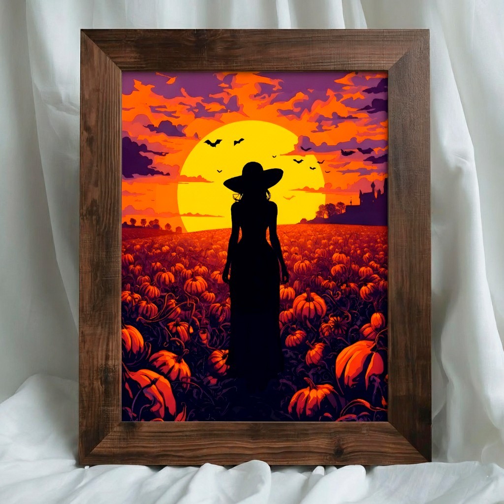 Witch Silhouette Pumpkin Field Wall Art | Halloween Sunset Landscape Print Art