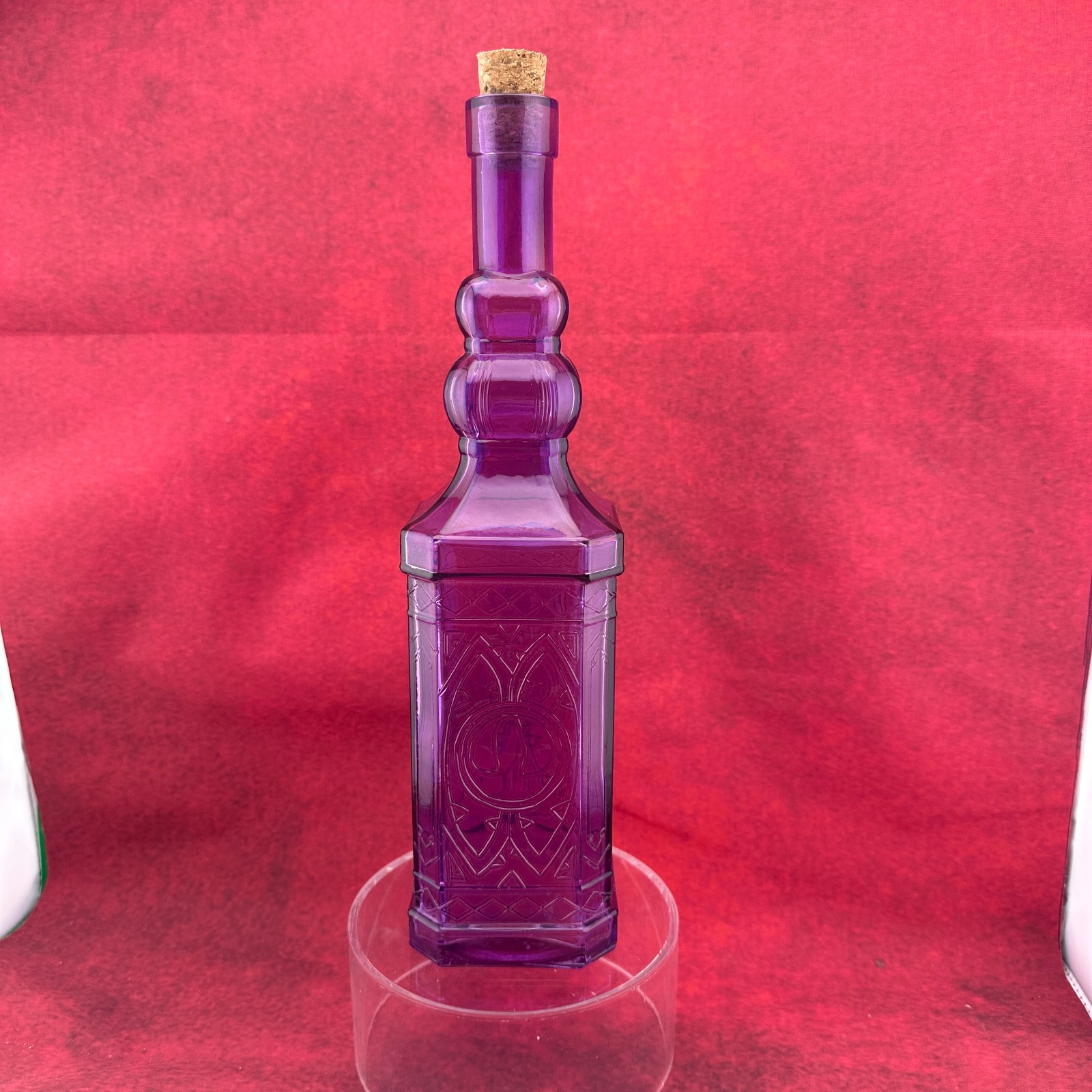VINTAGE PURPLE GLASS DECORATING BOTTLE 12.5 , RAISED DESIGN WITH CORK