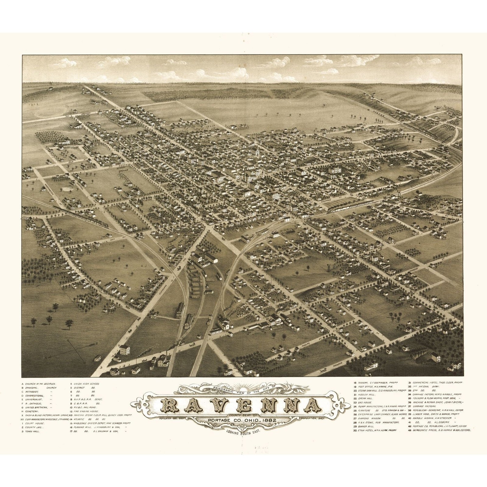 Historic Panoramic View – Ravenna Ohio – Ruger 1882 – Vintage Wall Art