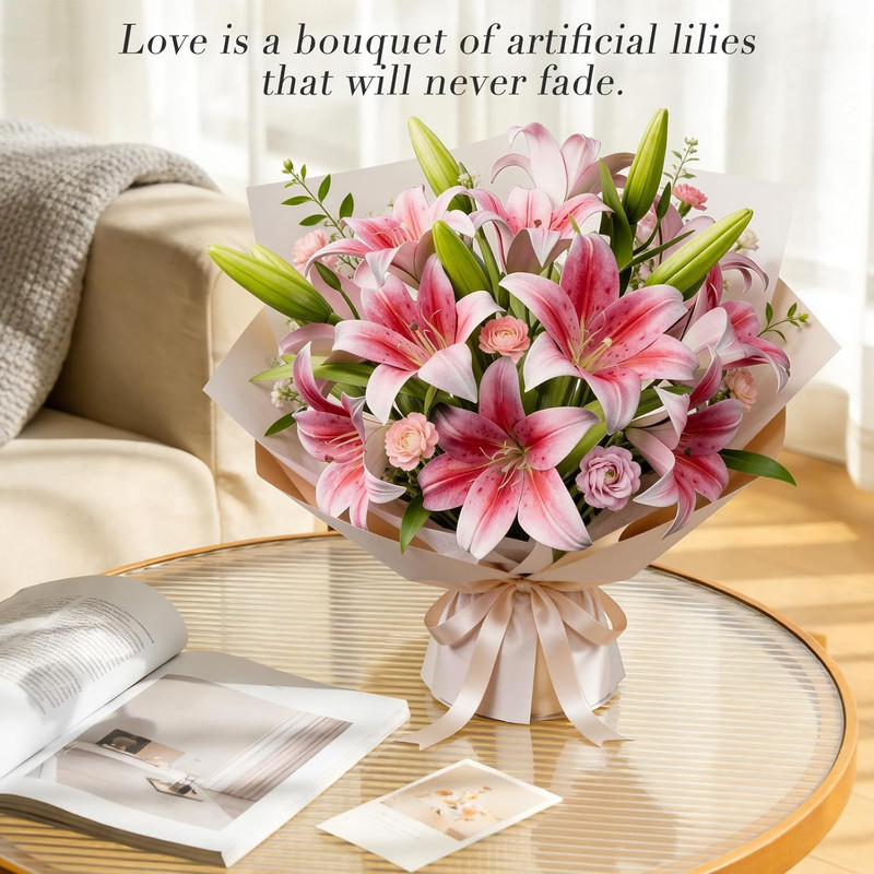 6 Bundles Lily Artificial Flowers Bouquet 13.7&Prime; Long Stems 18 Silk Flowers Heads