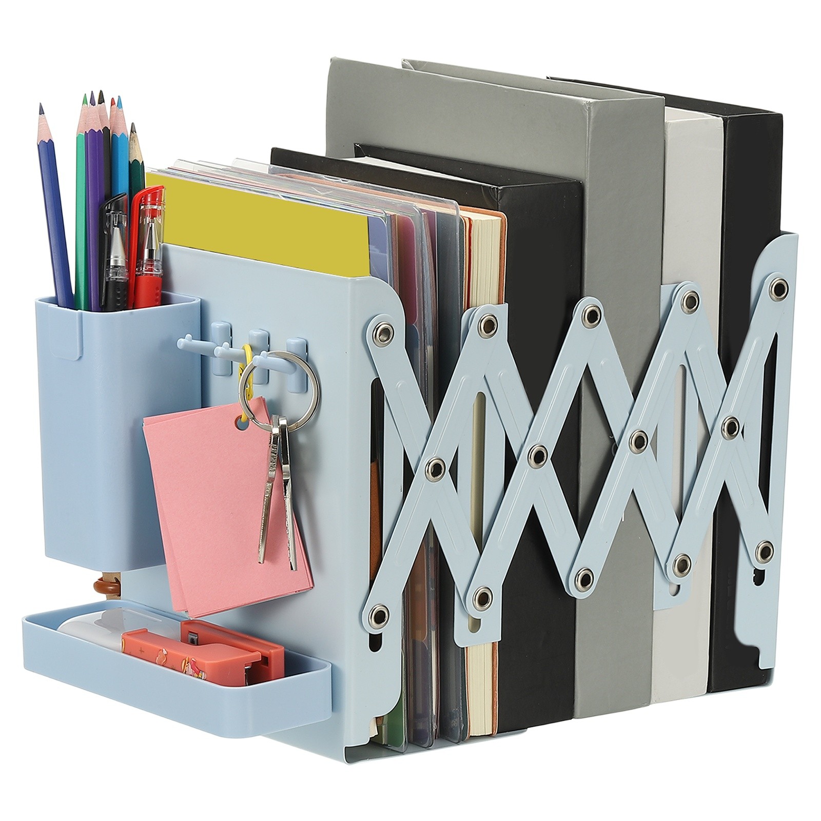 7.5&Prime; Tall Adjustable Book Ends with Removable Pen Holder Tray 3 Hook-up Blue