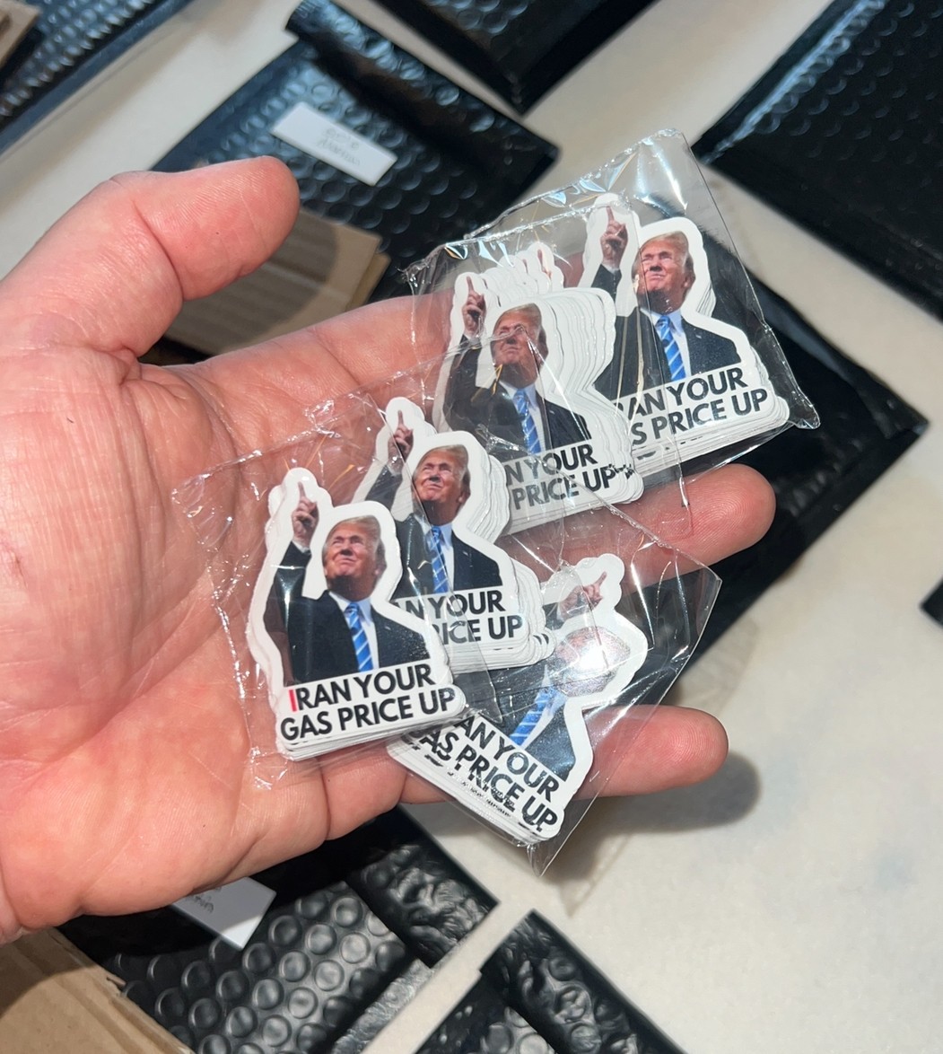 100 Trump Stickers « IRAN YOUR GAS PRICE UP » Gas Pump Waterproof Vinyl NEW 1.5&Prime;