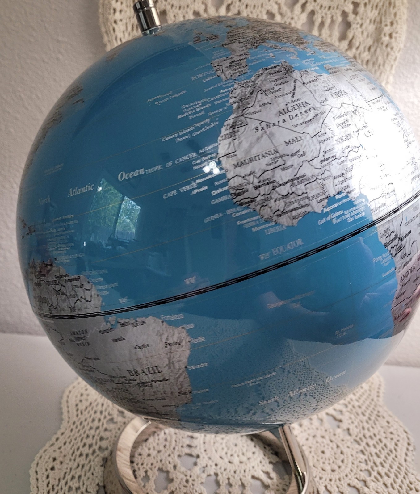 Tabletop World Globe Blue & Silver Sphere Stainless Steel Frame 12.5 in Tall
