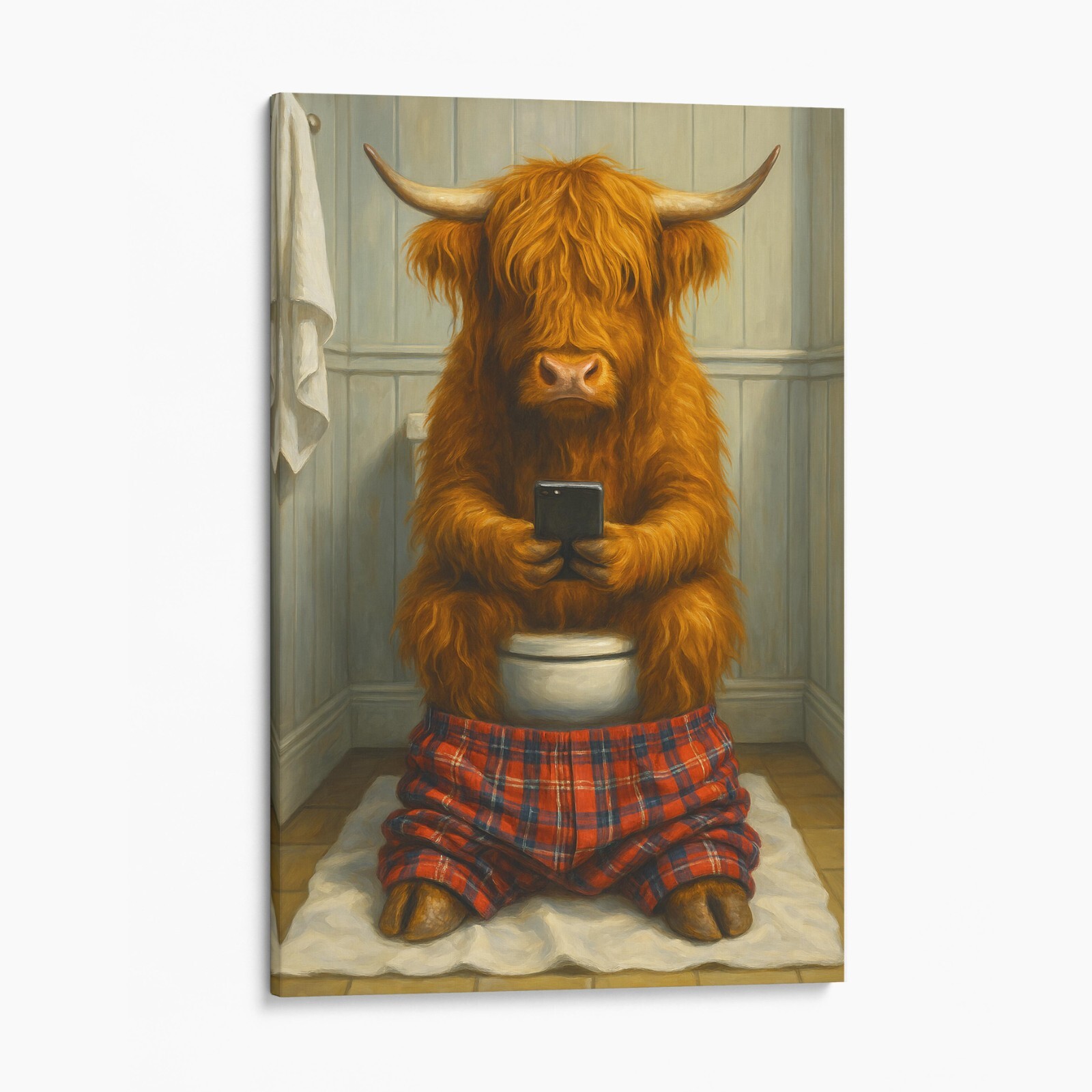 Highland Cow On The Phone On The Toilet Funny Cow Canvas Print Wall Art