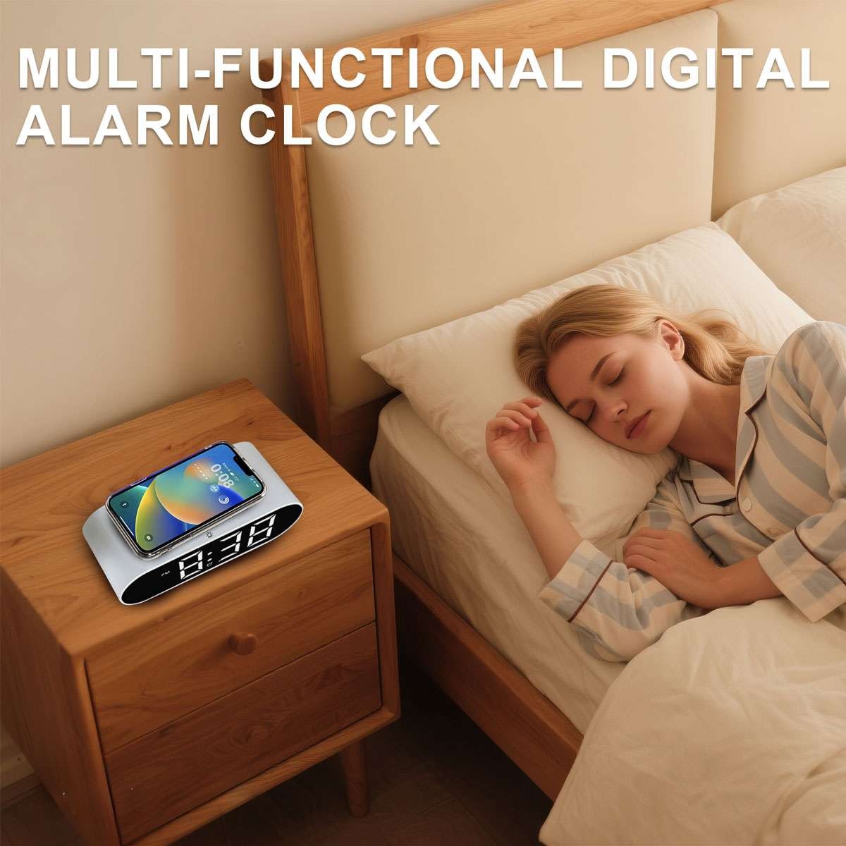Modern Digital LED Nightstand Alarm Clock With Wireless Phone Charger NEW