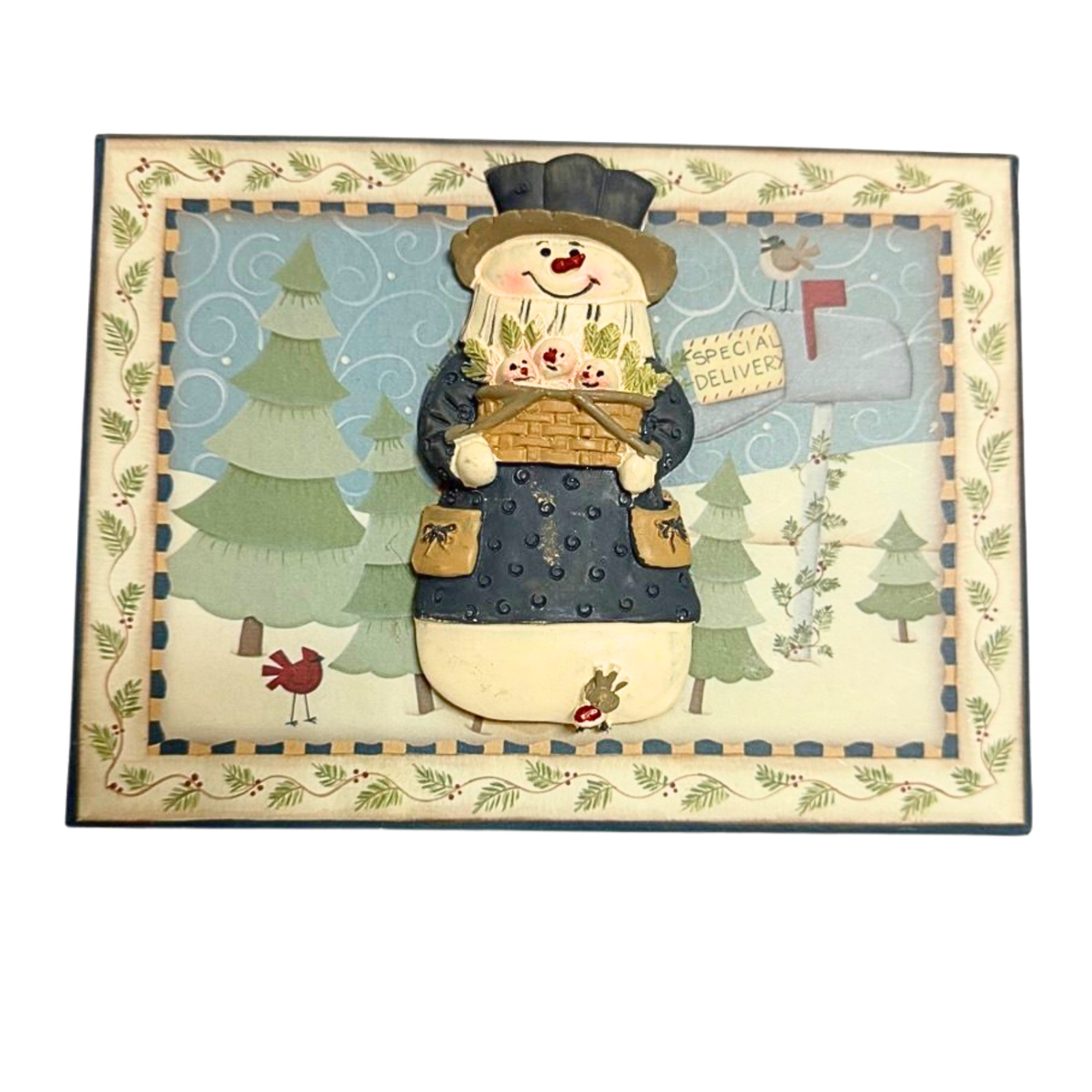 Vintage Christmas Snowman Wall Plaque Gift Box Cover 3D Resin Holiday Primitive