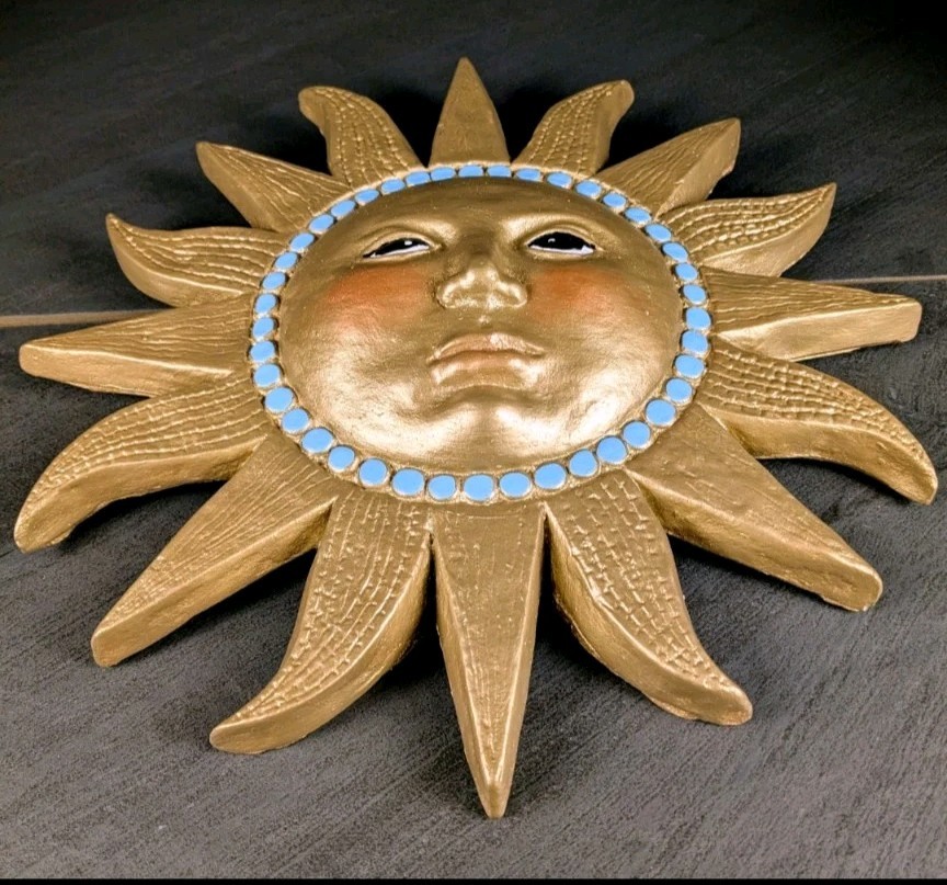 Gold Celestial Chalkware Sun Face Turquoise Dots Wall Decor 11&Prime; Boho Plaster