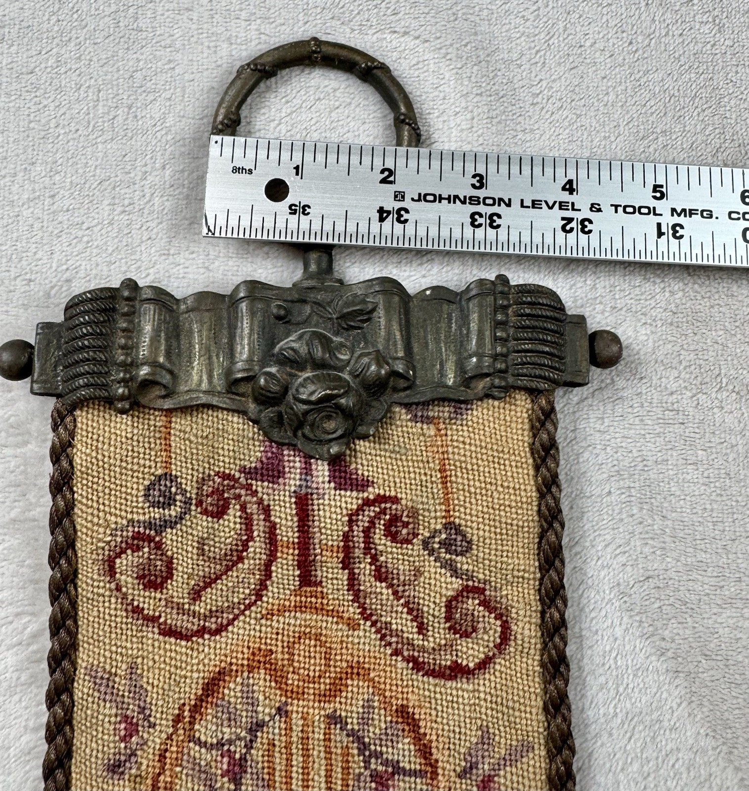 Vtg Wool Needlepoint Bell Pull Floral Motif Wall Hanging Hardware Ends 60×5”