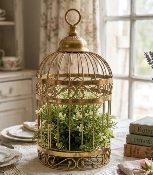 Vintage Gold Metal Birdcage Romantic Cottage Cottagecore Shabby Chic Decor 13”
