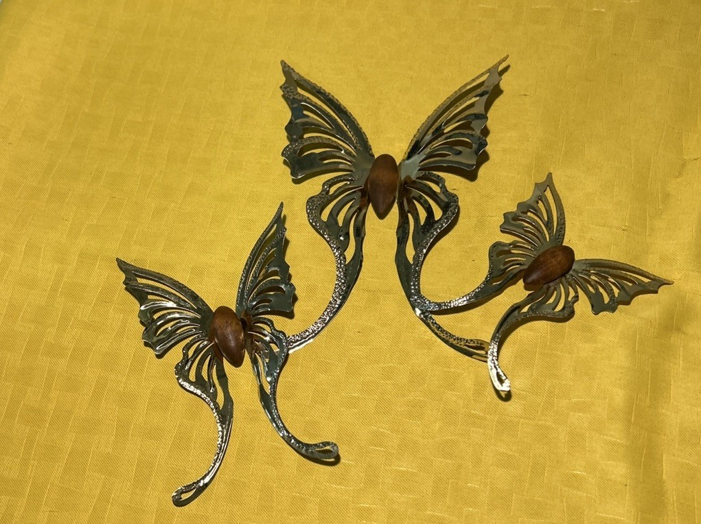 3 Each VTG Butterfly Wall Art Trio Butterflies Metal Gold Tone Center Wood