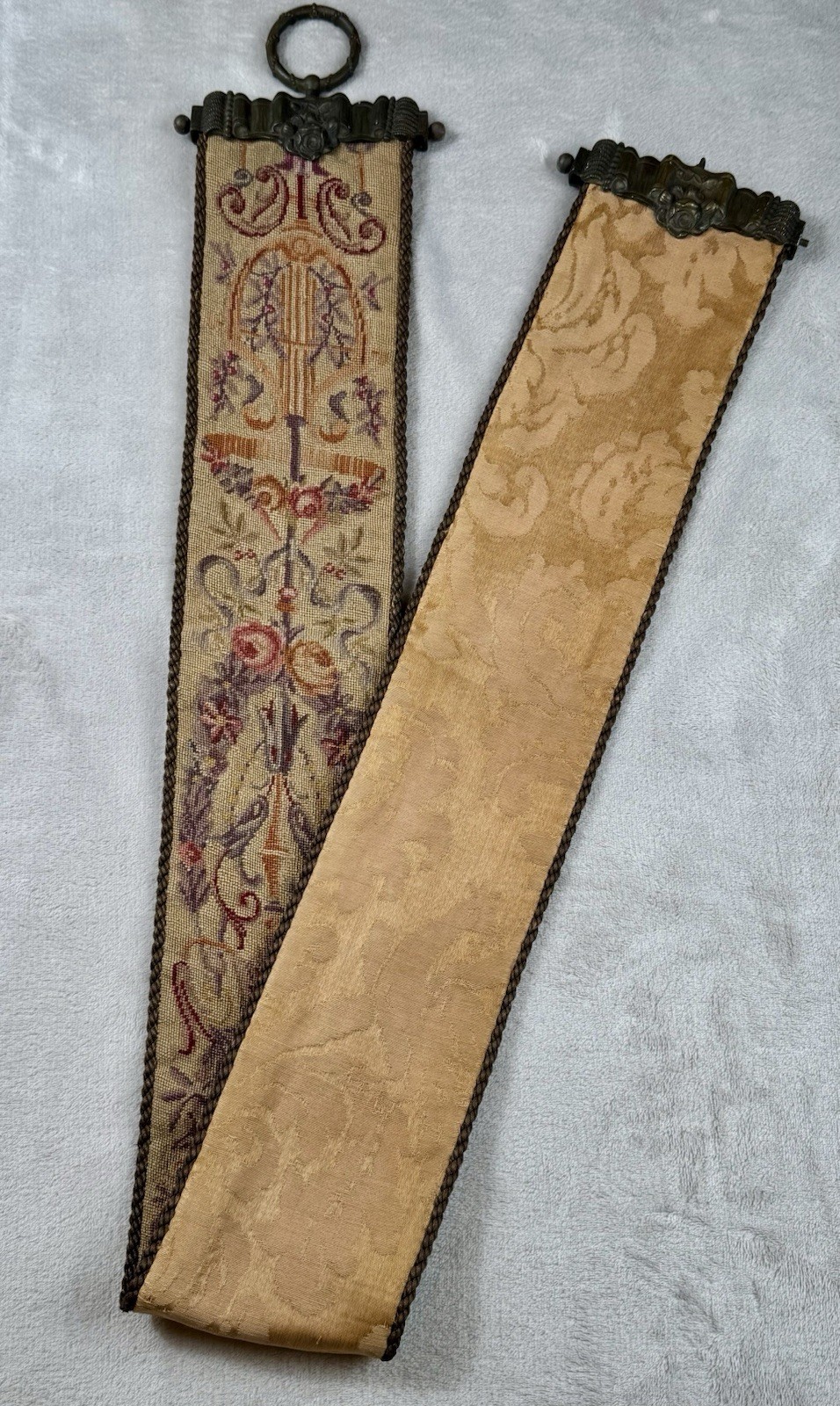 Vtg Wool Needlepoint Bell Pull Floral Motif Wall Hanging Hardware Ends 60×5”