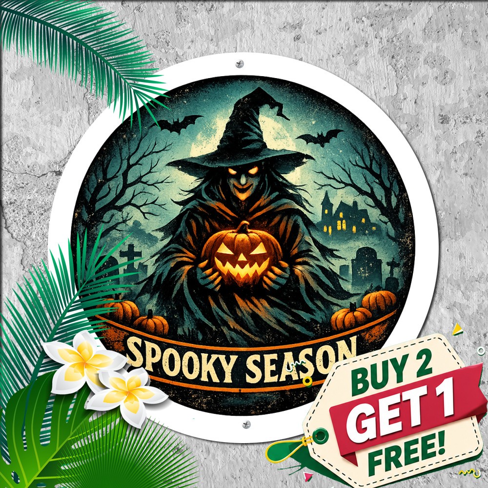 Halloween Witch Flying Broom Glow Effect Theme Round Metal Sign Spooky Plaque
