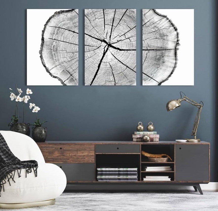 Abstract Tree Rings Canvas Print Set of 3, Wood Texture Art Large Wood Wall Art