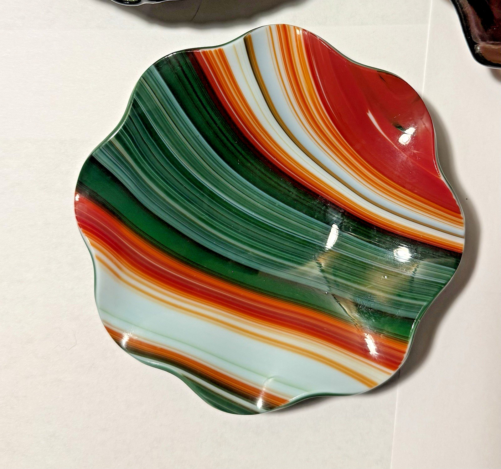 Handmade Fused Glass Trinket Dish Striped Swirl Red Green White