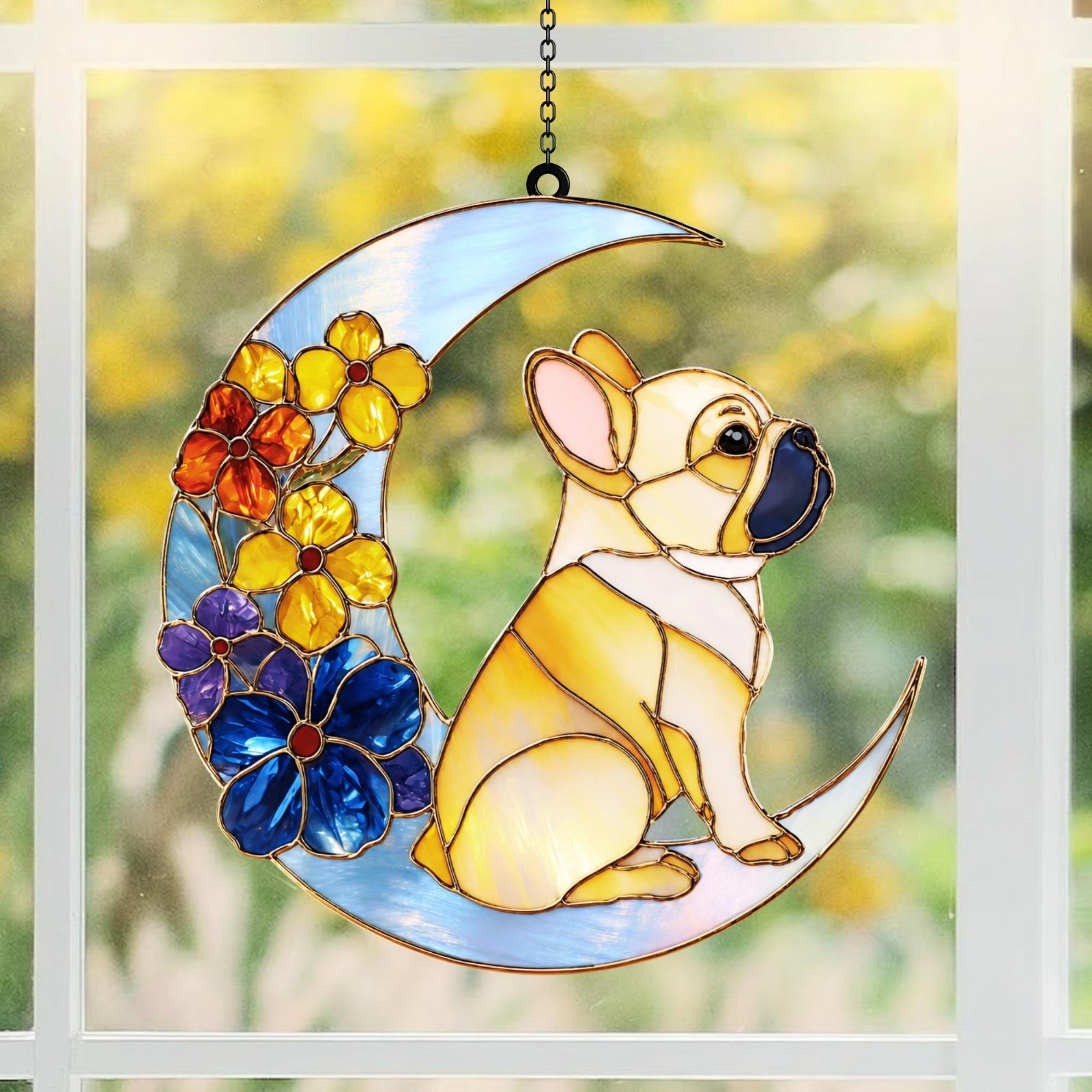 French Bulldog Moon Acrylic Suncatcher, Frenchie Window Hanging