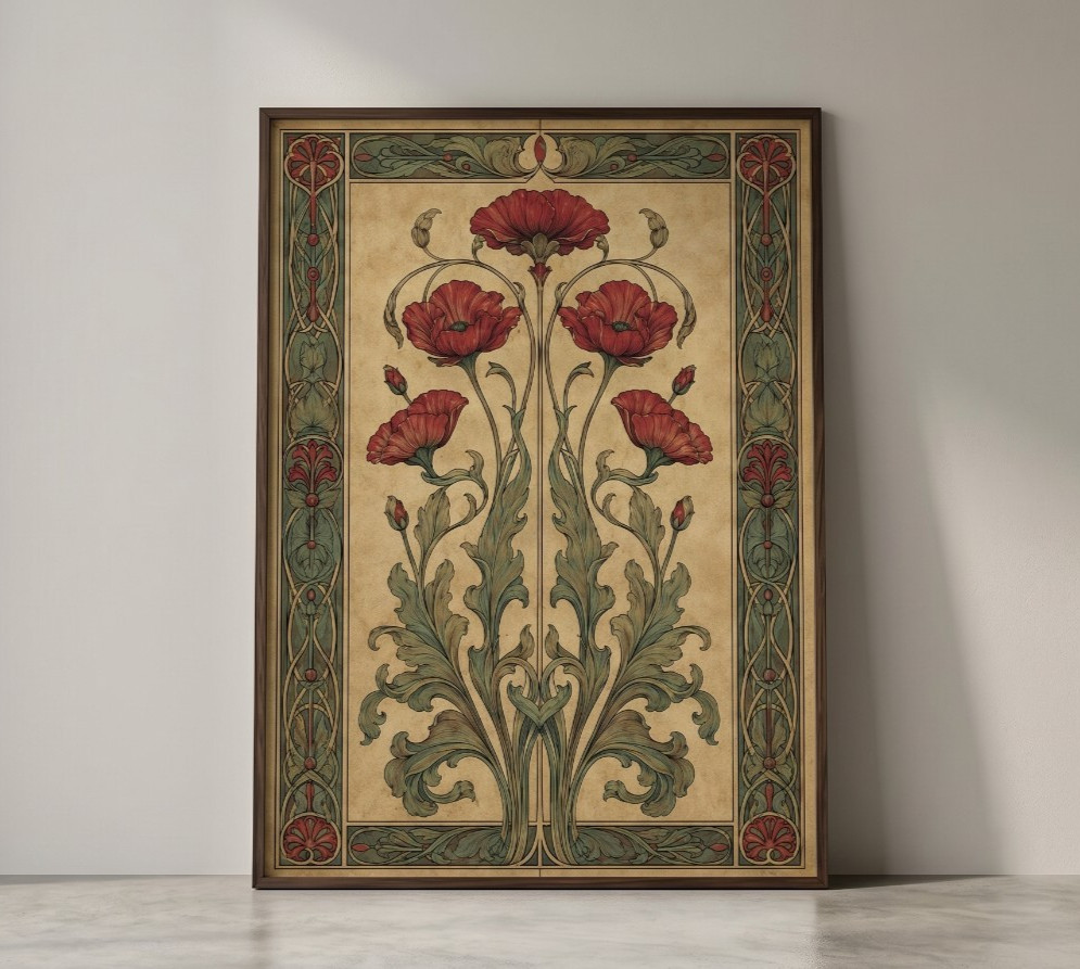 Art Nouveau Red Poppy Wall Art Vintage Floral Poster Canvas Print Home Decor