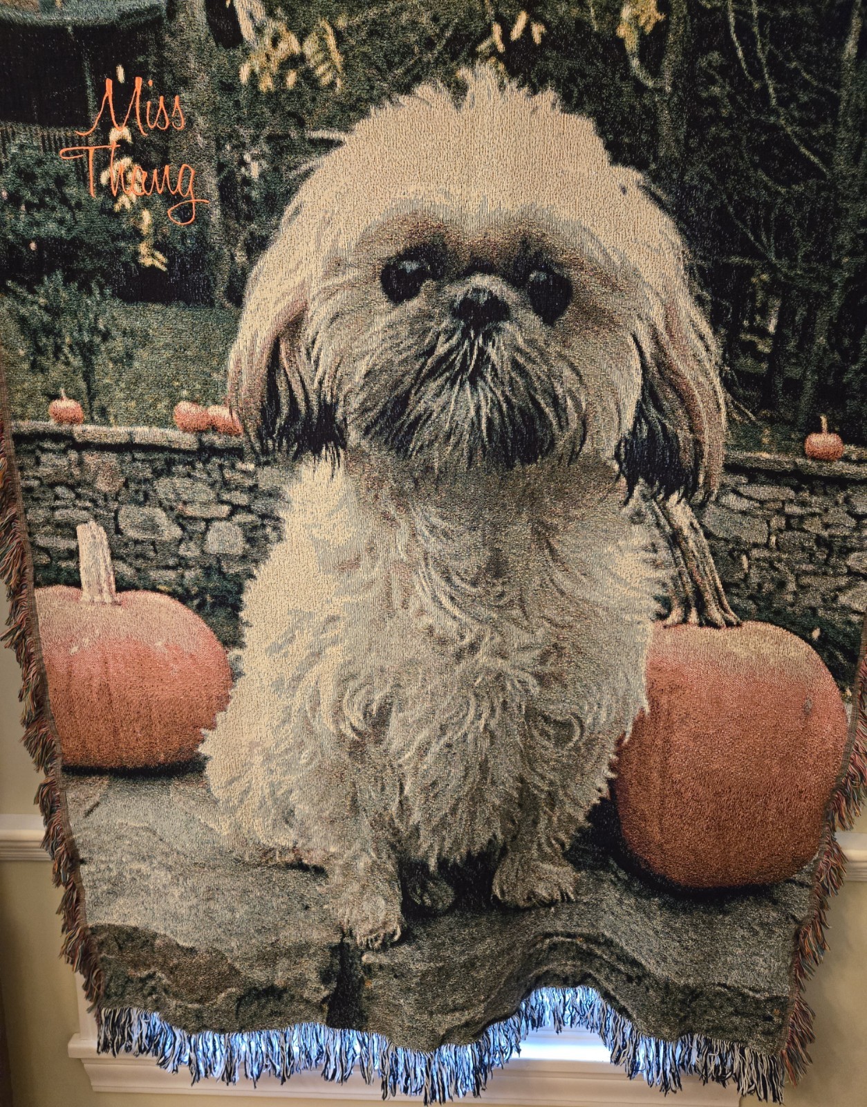 White Shih Tzu Tapestey Throw Monogrammed « Miss Thang » 62 in X 52 with Fringe