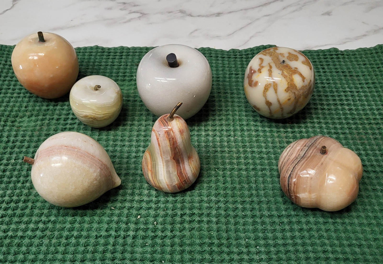 VTG Alabaster Stone Fruit LOT 7 Hand Carved Marble Fruit Decor