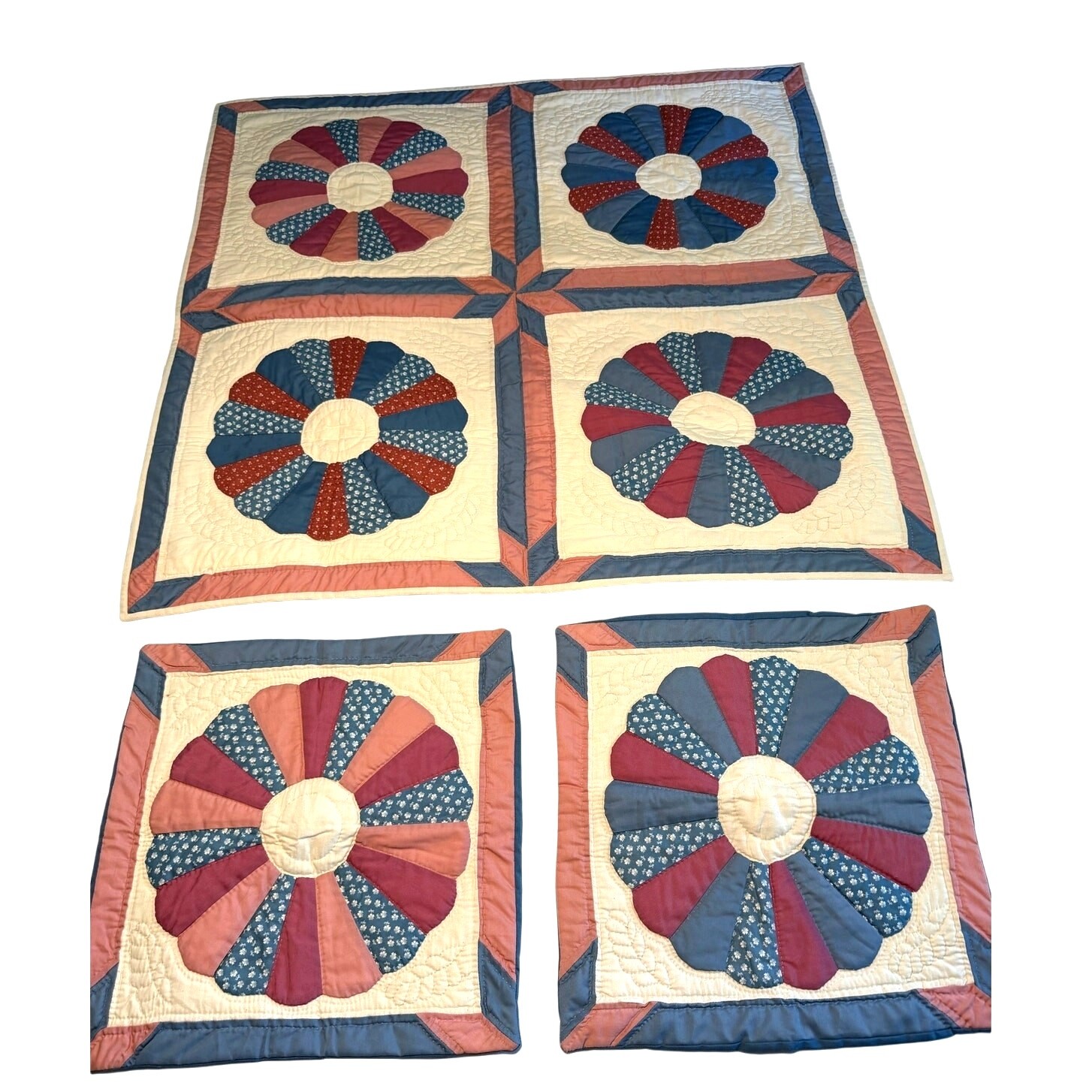 Vintage Quilted Wall Hanging Pillow Sham Set Dresden Plate Cottage Farmhouse