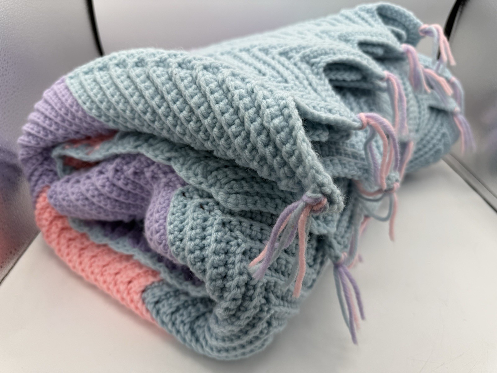 Hand-Crocheted Chevron Afghan – Blue, Pink & Purple Ripple Throw – 49” x 75
